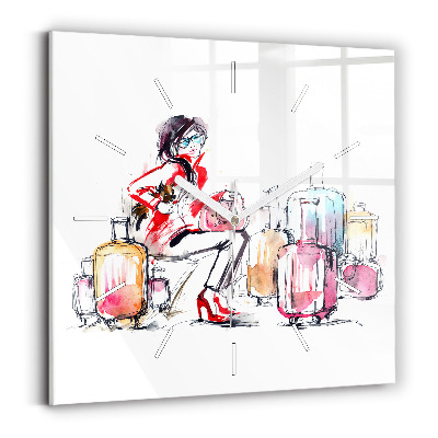 Square glass wall clock Woman with suitcases