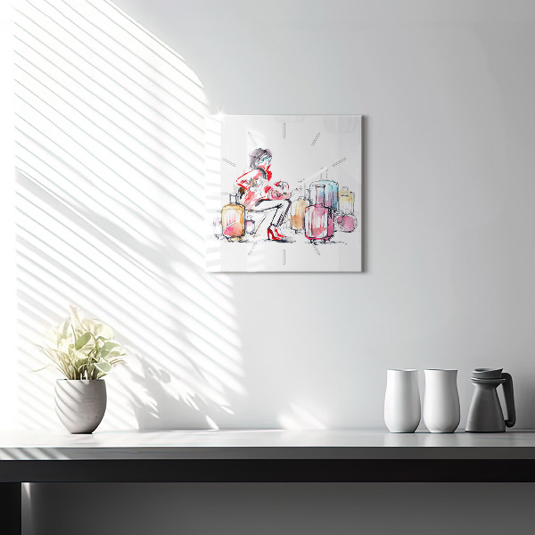 Square glass wall clock Woman with suitcases