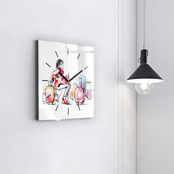 Square glass wall clock Woman with suitcases