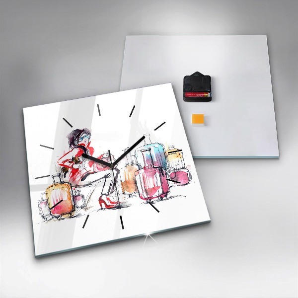 Square glass wall clock Woman with suitcases