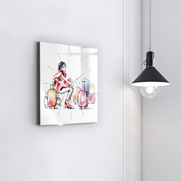 Square glass wall clock Woman with suitcases