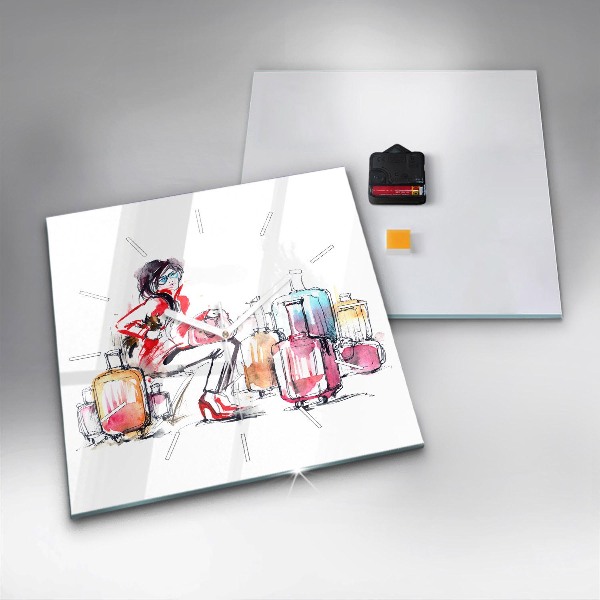 Square glass wall clock Woman with suitcases