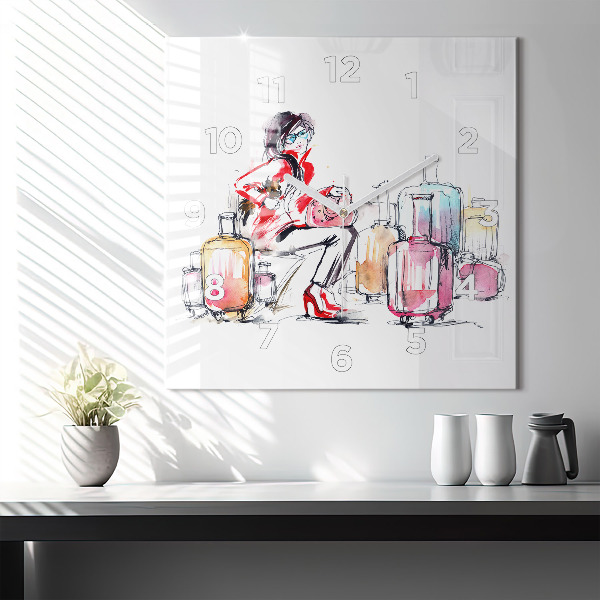 Square glass wall clock Woman with suitcases