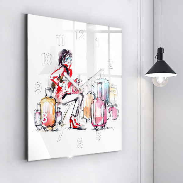 Square glass wall clock Woman with suitcases