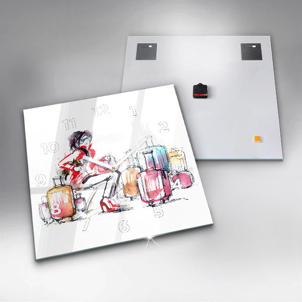 Square glass wall clock Woman with suitcases