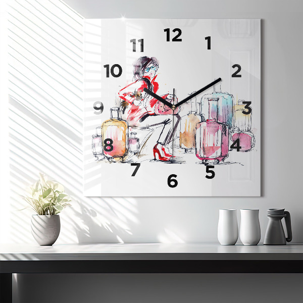 Square glass wall clock Woman with suitcases