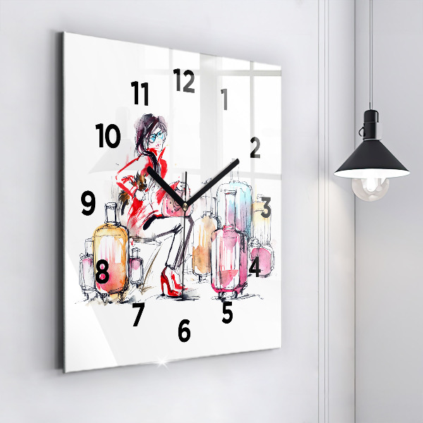 Square glass wall clock Woman with suitcases