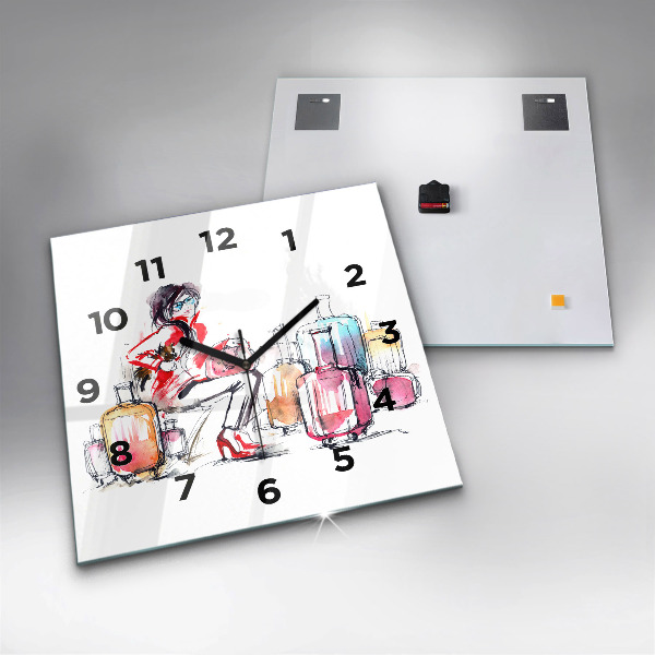 Square glass wall clock Woman with suitcases