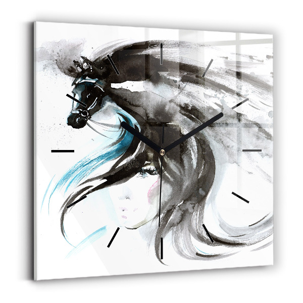 Square glass wall clock Abstract horse and woman