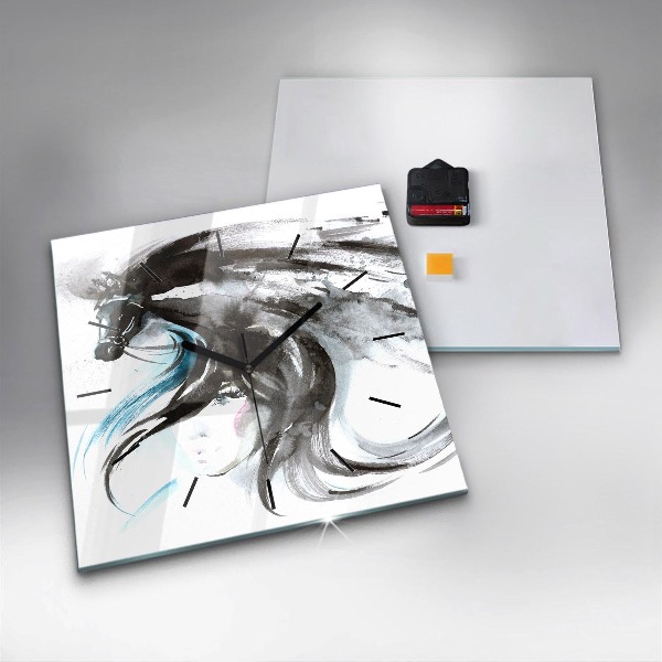 Square glass wall clock Abstract horse and woman