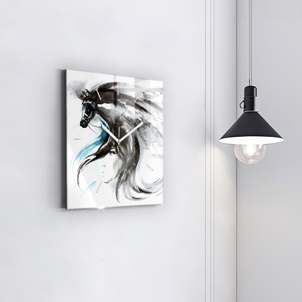 Square glass wall clock Abstract horse and woman