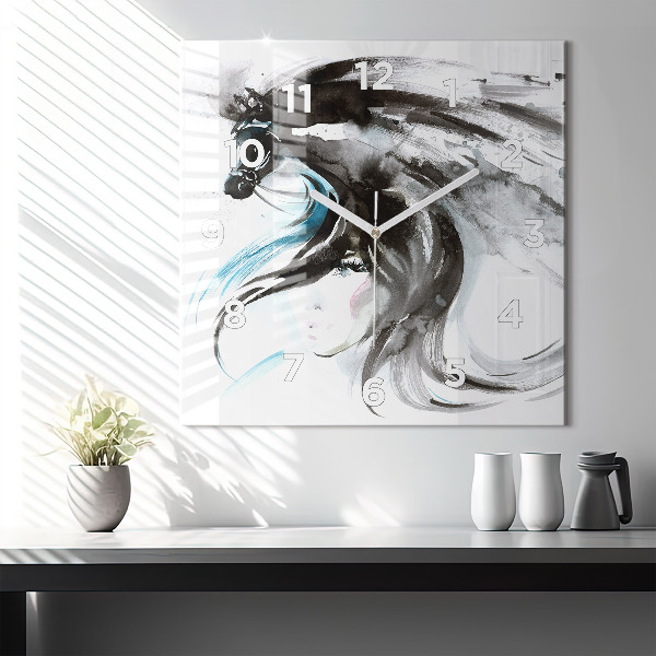 Square glass wall clock Abstract horse and woman