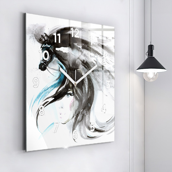 Square glass wall clock Abstract horse and woman