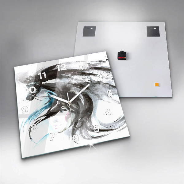 Square glass wall clock Abstract horse and woman