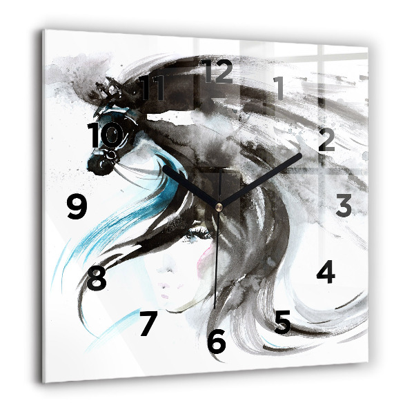 Square glass wall clock Abstract horse and woman