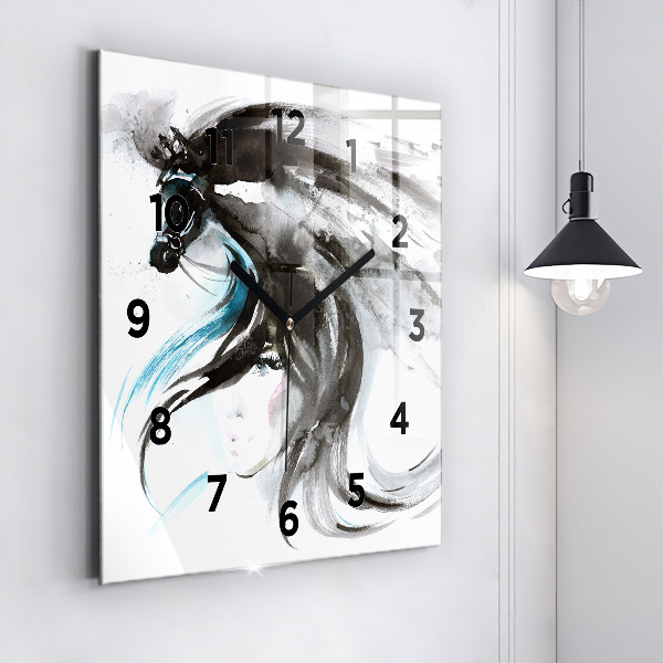 Square glass wall clock Abstract horse and woman