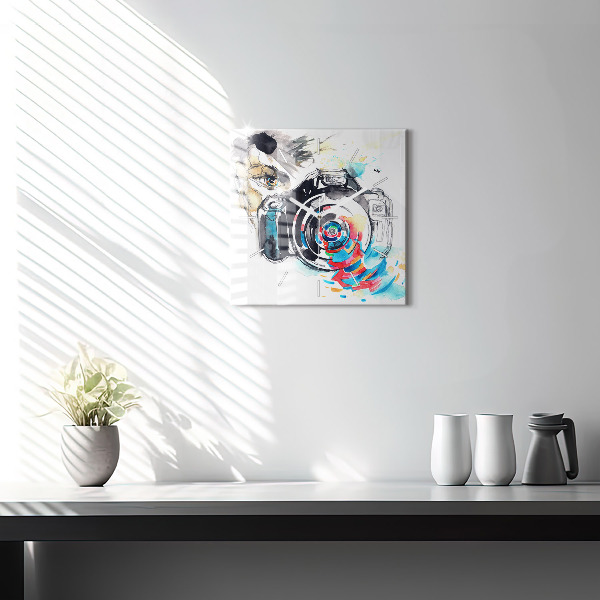 Square glass wall clock Woman photographer