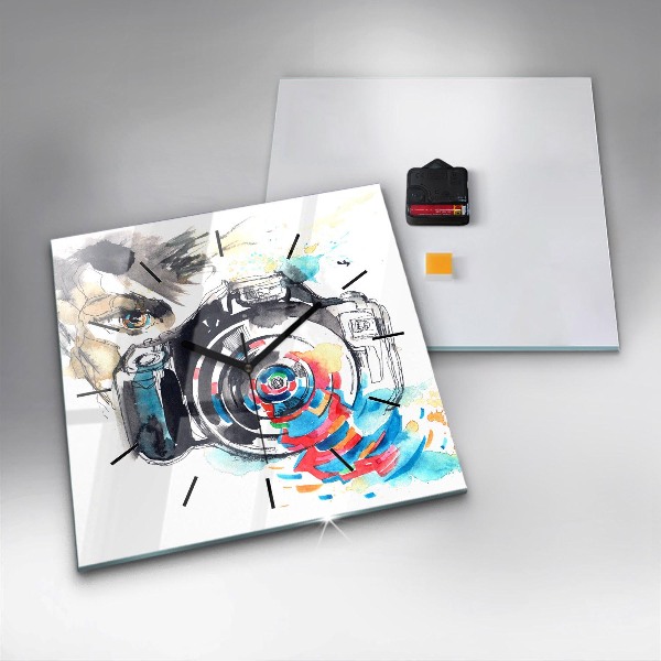 Square glass wall clock Woman photographer