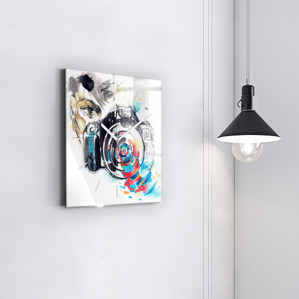 Square glass wall clock Woman photographer