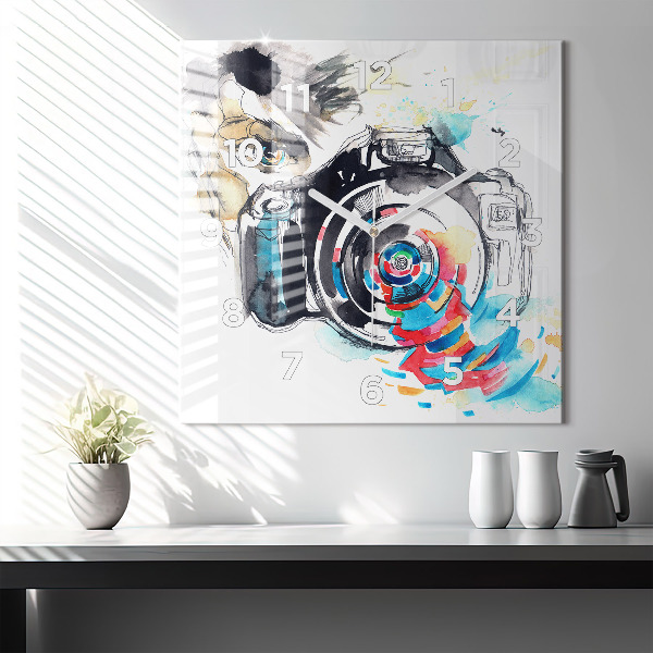 Square glass wall clock Woman photographer