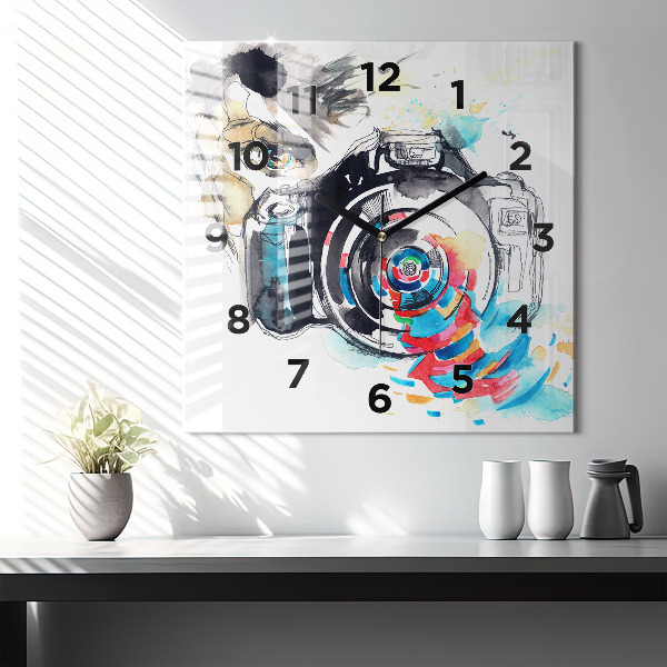Square glass wall clock Woman photographer