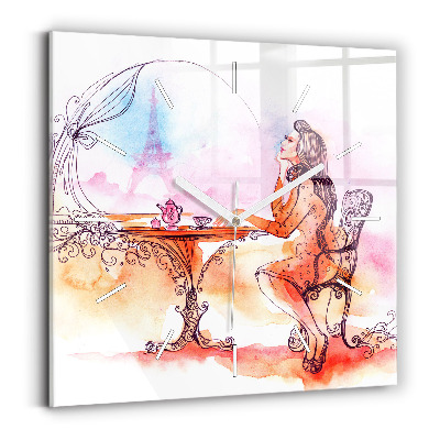 Square glass wall clock Woman drinking tea