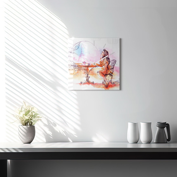 Square glass wall clock Woman drinking tea