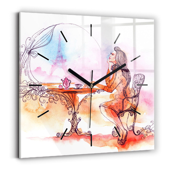 Square glass wall clock Woman drinking tea
