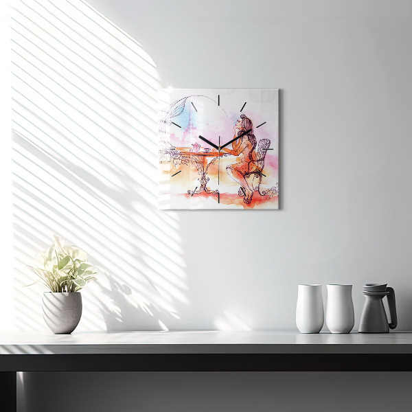 Square glass wall clock Woman drinking tea