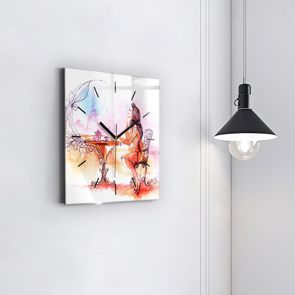 Square glass wall clock Woman drinking tea