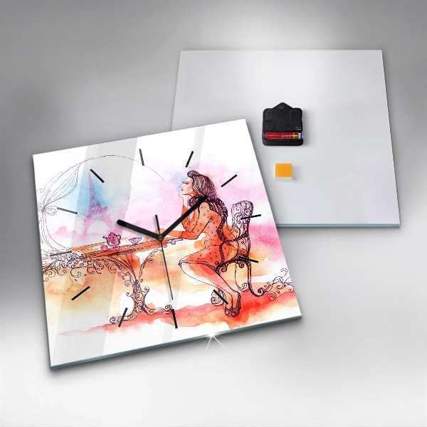 Square glass wall clock Woman drinking tea