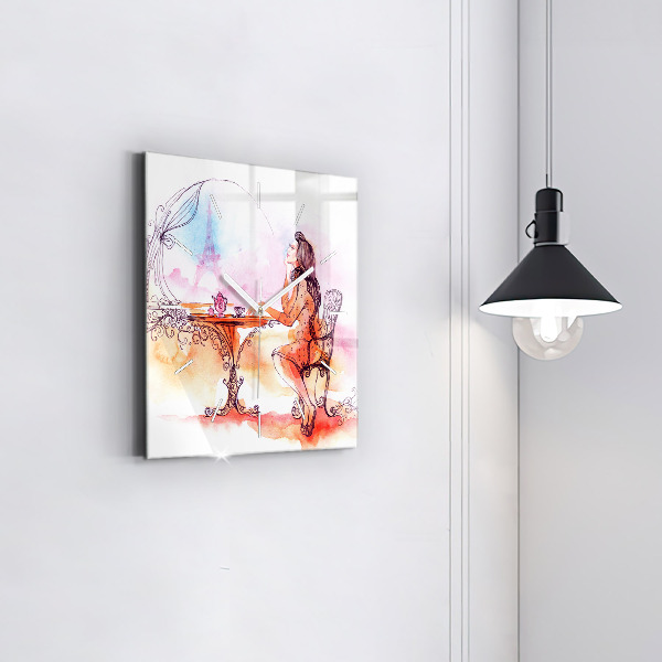 Square glass wall clock Woman drinking tea