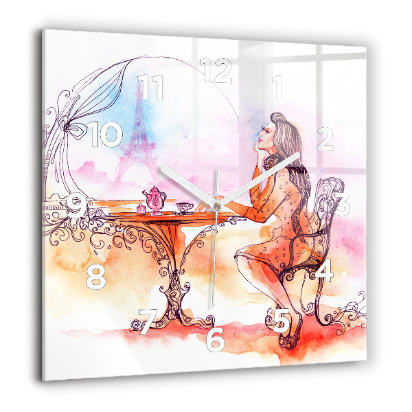 Square glass wall clock Woman drinking tea