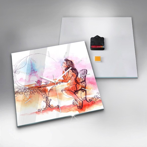 Square glass wall clock Woman drinking tea
