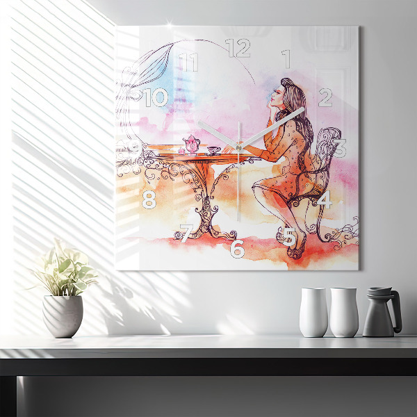 Square glass wall clock Woman drinking tea