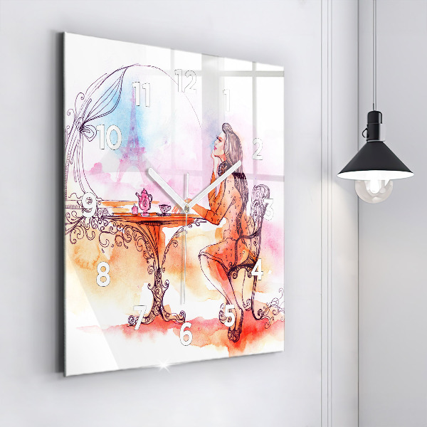 Square glass wall clock Woman drinking tea