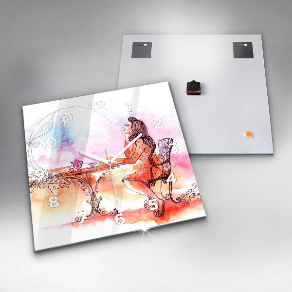 Square glass wall clock Woman drinking tea