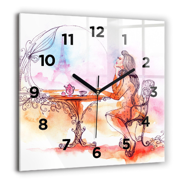 Square glass wall clock Woman drinking tea