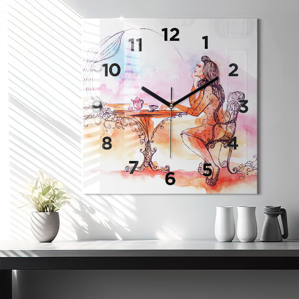 Square glass wall clock Woman drinking tea