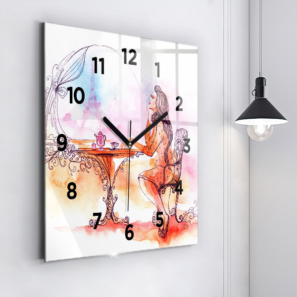 Square glass wall clock Woman drinking tea