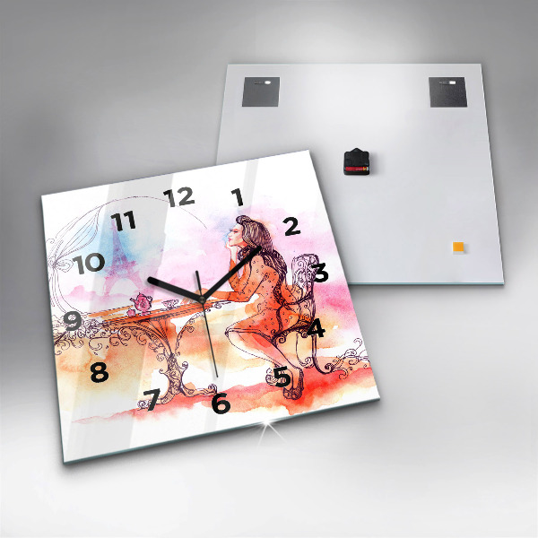 Square glass wall clock Woman drinking tea