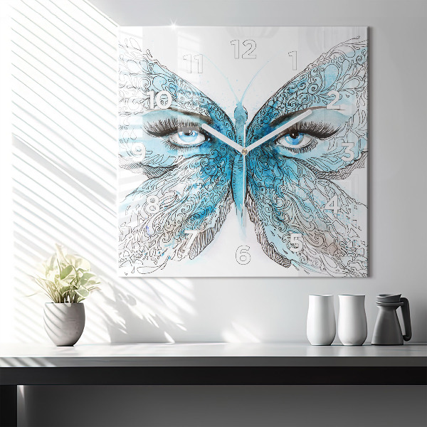 Square glass wall clock Butterfly face