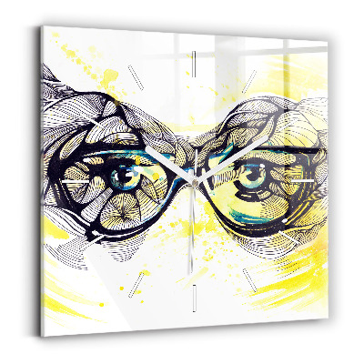 Square glass wall clock Eyes with glasses