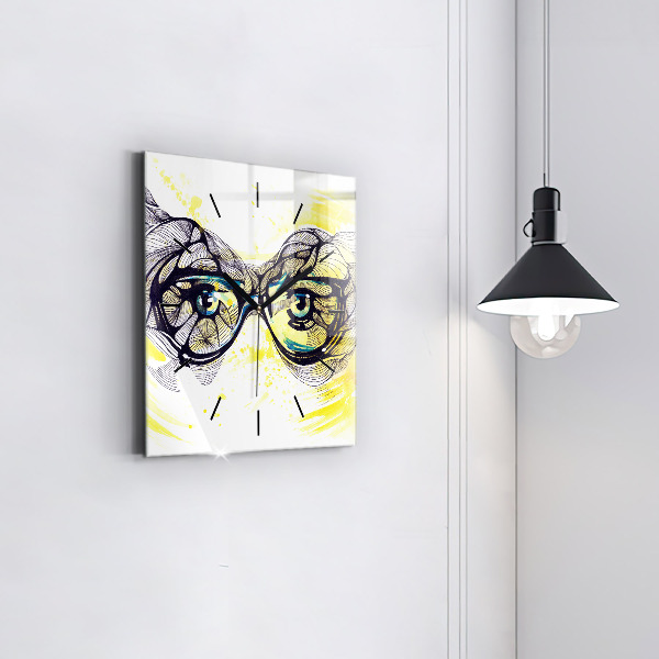 Square glass wall clock Eyes with glasses