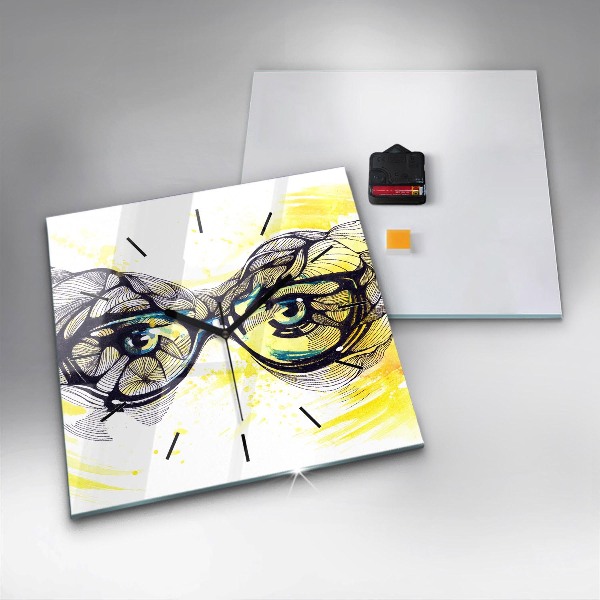 Square glass wall clock Eyes with glasses