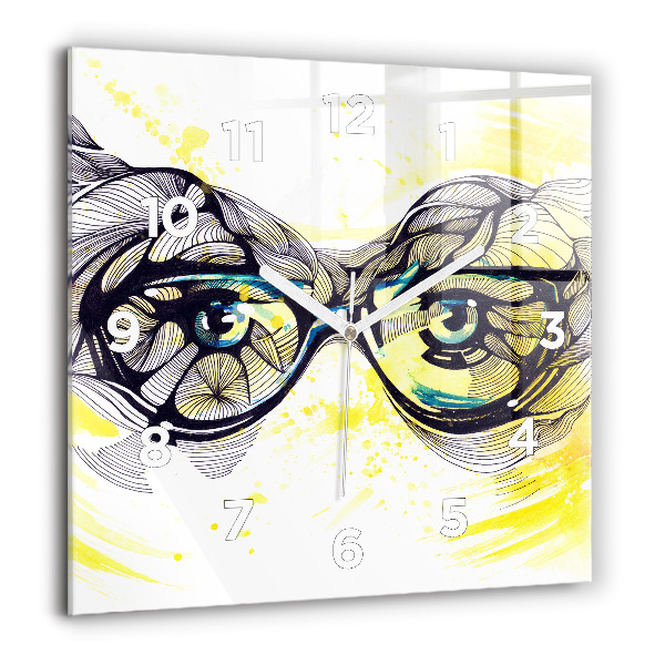 Square glass wall clock Eyes with glasses