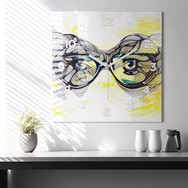 Square glass wall clock Eyes with glasses