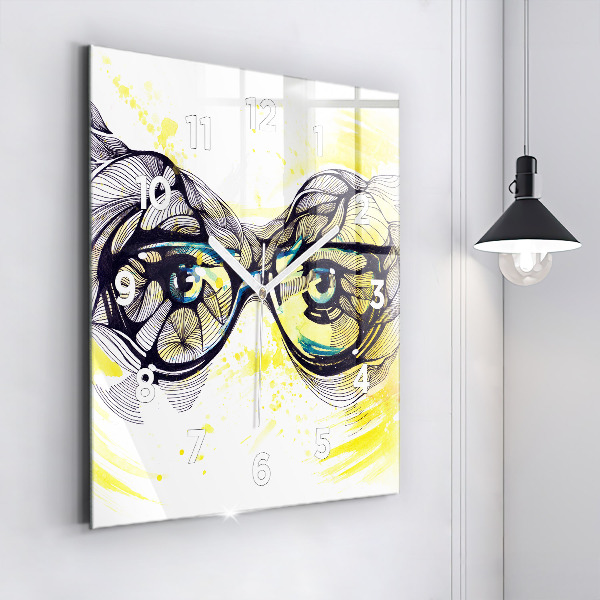 Square glass wall clock Eyes with glasses