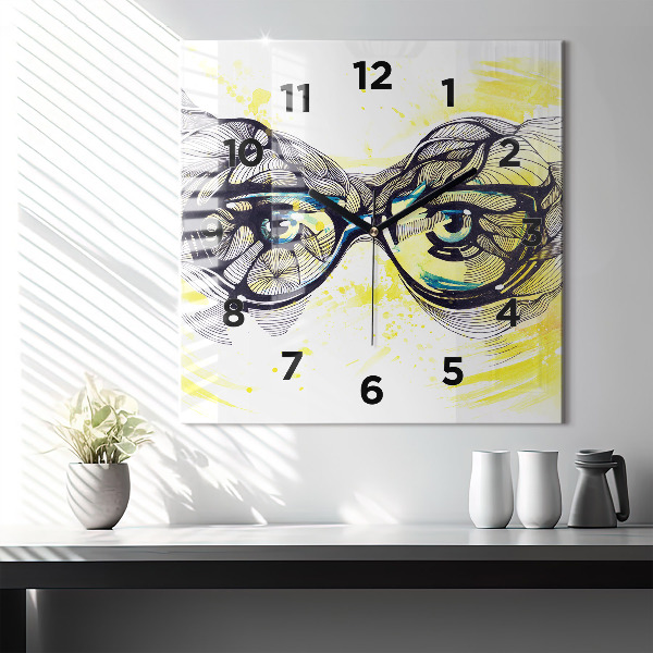 Square glass wall clock Eyes with glasses