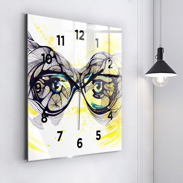 Square glass wall clock Eyes with glasses